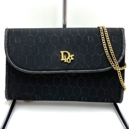 DIOR Shoulder Bag Chain Shoulder Black Gold Canvas Fashion Women Vintage