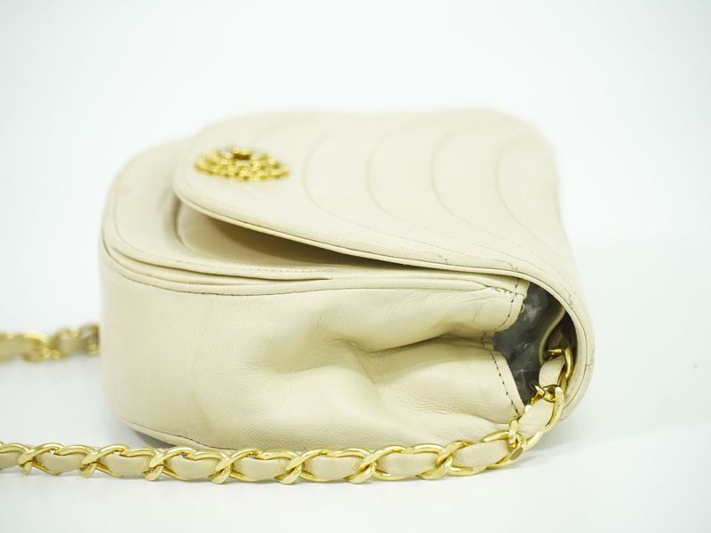 Authentic Chanel Coco Mark Chain Shoulder Bag Pochette Lambskin Leather Beige
