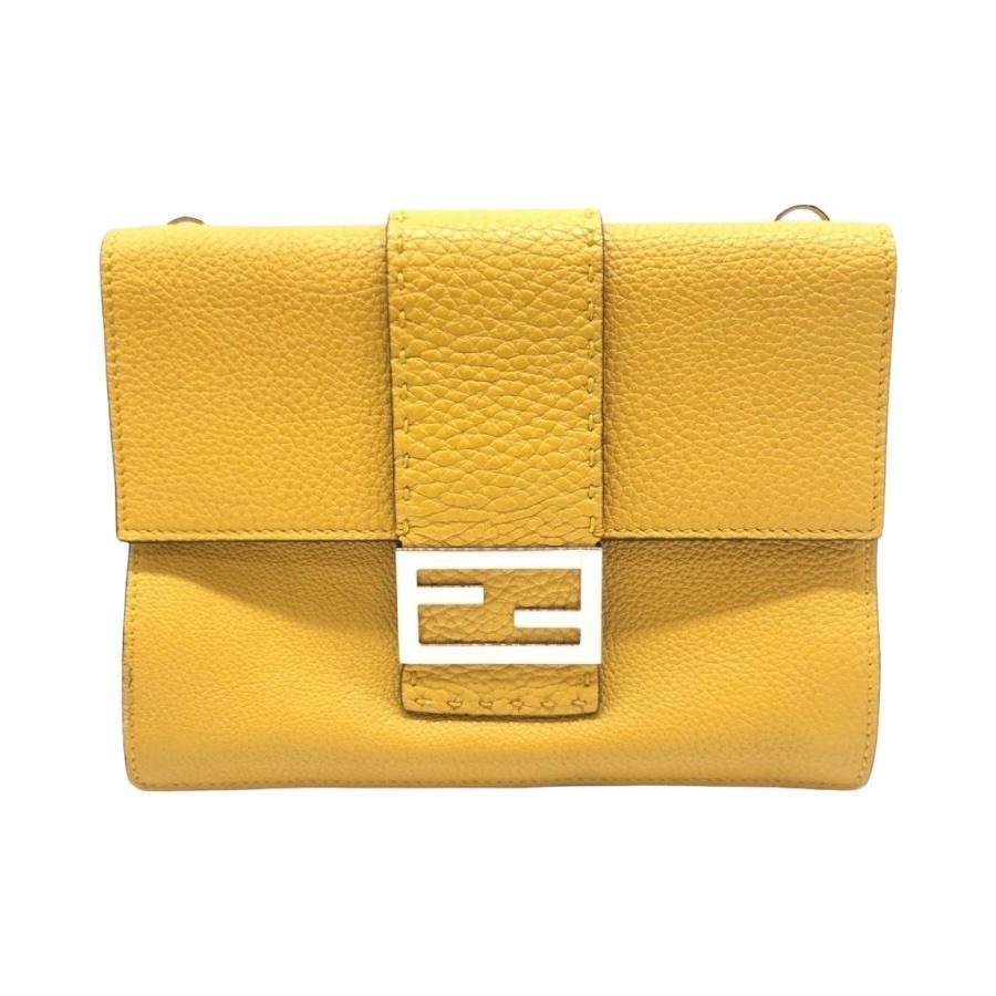Fendi Shoulder Bag Flat Baguette Medium 7va524 FF Logo Yellow Silver Hardware