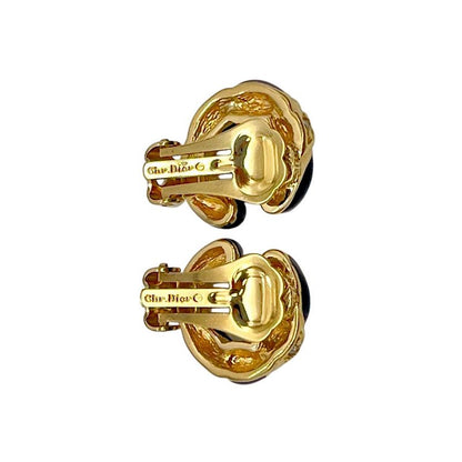Christian DIOR Earrings Metal Black Stone Rhinestone Twisted Gold