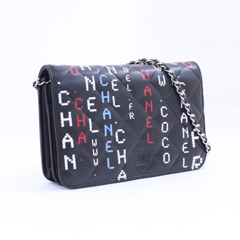 Chanel Typography Chain Wallet Leather Black Multicolor Shoulder Bag Silver