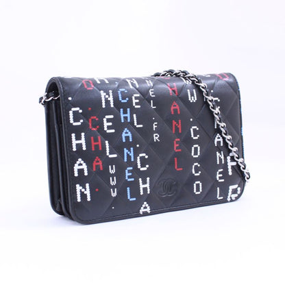 Chanel Typography Chain Wallet Leather Black Multicolor Shoulder Bag Silver