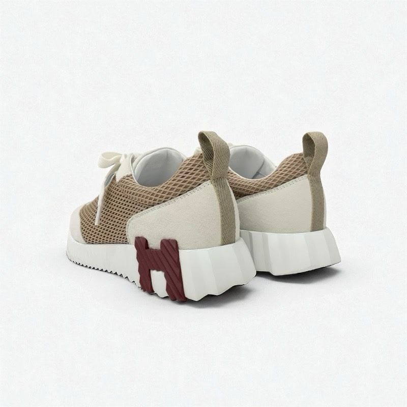Hermes Bouncing Sneakers Shoes Suede Mesh Beige White