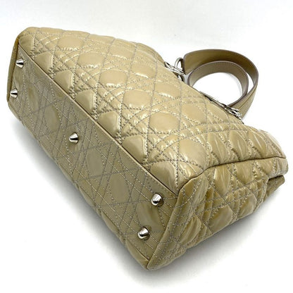 DIOR Tote Shoulder Bag Beige Patent Leather Canage Stitching Women Fashion