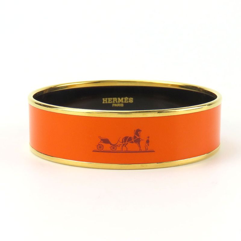 Hermes Bangle Emile GM Metal Cloisonne Orange Carved Gold Hardware Bracelet