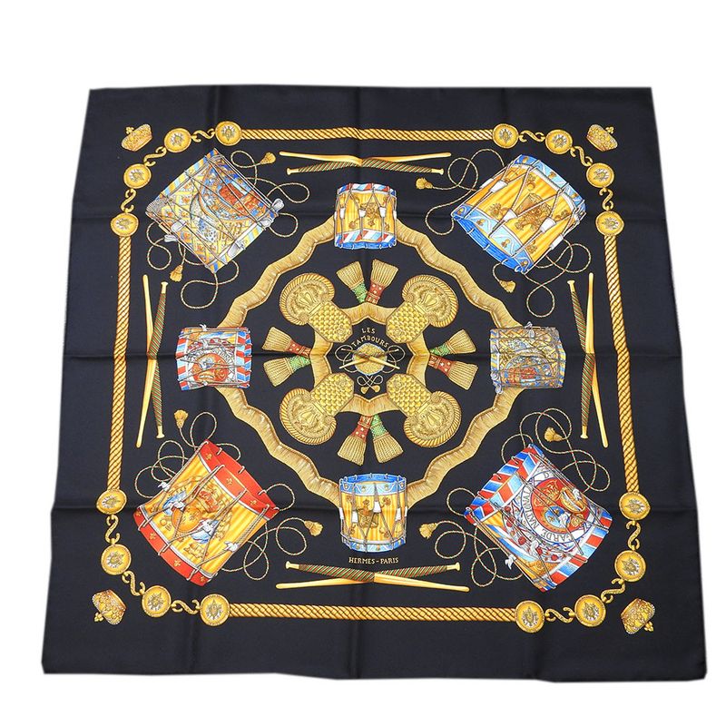 Hermes Scarf Carré 90 Silk Black Gold LES Tambours Tambour Drums Women Hermes