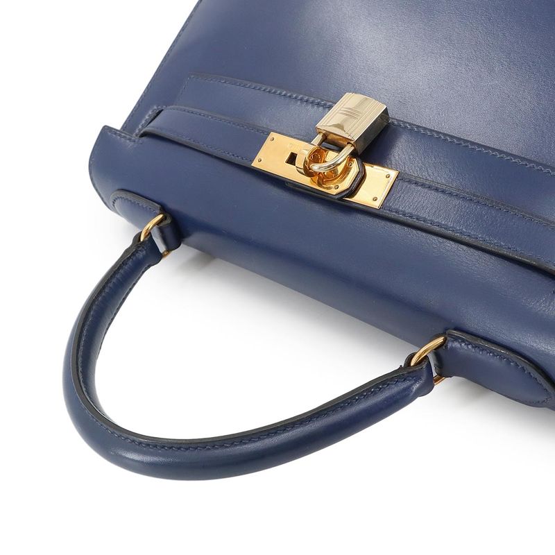 Hermes Kelly 28 Box Calf Blue 2-way Hand Shoulder Bag ?V Stamped 1992 Outer