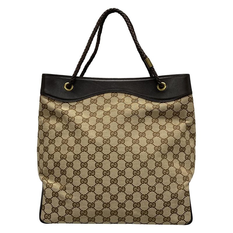 Gucci Tote Bag GG Pattern 109141 Beige And Dark Brown Leather
