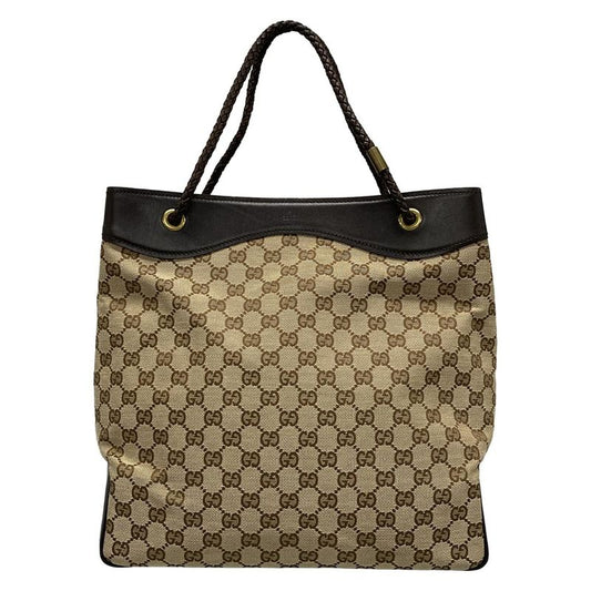 Gucci Tote Bag GG Pattern 109141 Beige And Dark Brown Leather