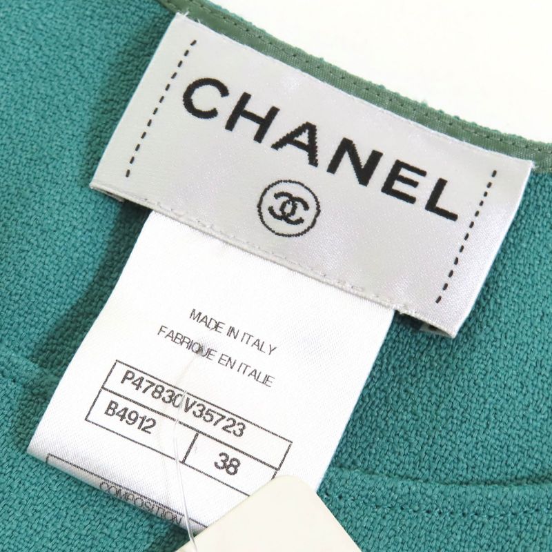 CHANEL P47830 Coco Mark Pearl Button Sleeveless Top Tunic Green Beige Blue 38