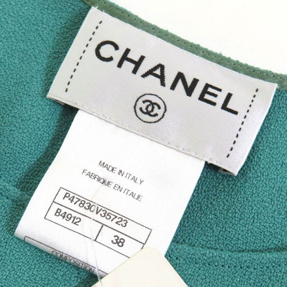 CHANEL P47830 Coco Mark Pearl Button Sleeveless Top Tunic Green Beige Blue 38