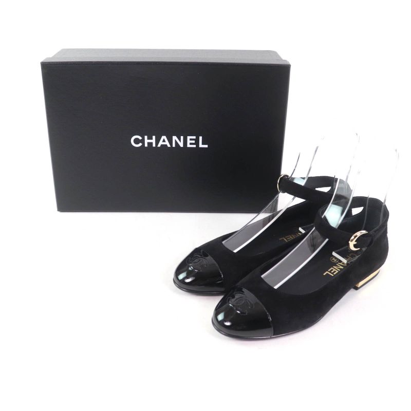 CHANEL 24K G46024 Coco Mark Mary Jane Patent Leather Use Ankle Strap Suede