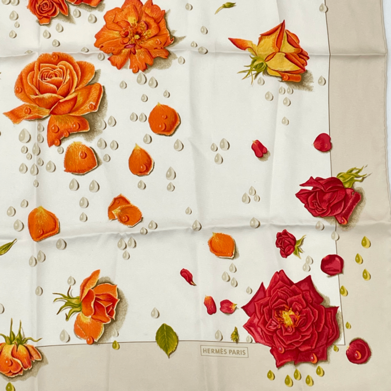 Hermes Carre 90 LA Rosee Anne Gavarni Rose Drop Scarf Silk Beige