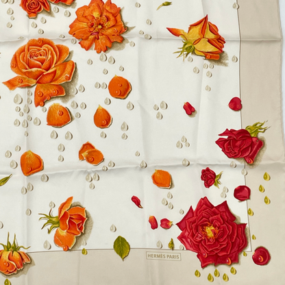 Hermes Carre 90 LA Rosee Anne Gavarni Rose Drop Scarf Silk Beige