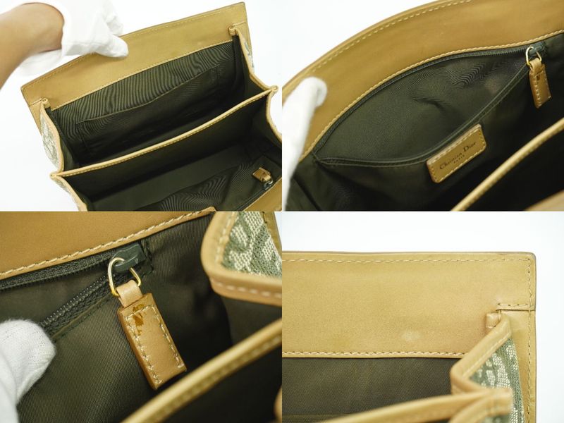 Authentic Christian DIOR Trotter Handbag Canvas Leather Khaki Beige Trotter Bag