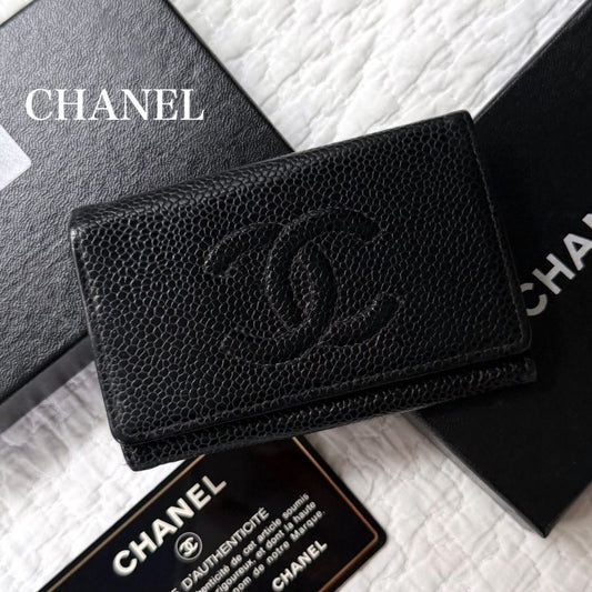 Chanel Black Caviar Skin 6-Ring Key Case Coco Mark Decacoco Box with Authenticit