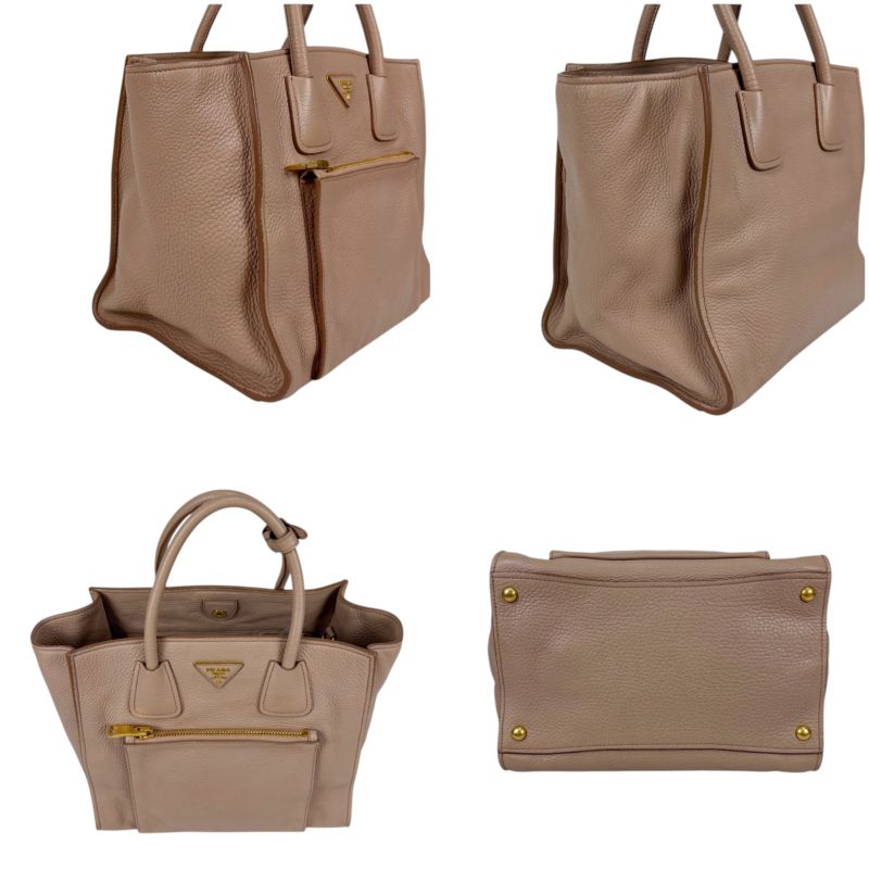 Prada 2WAY Tote Shoulder Bag Vittero Dino Leather Triangle Logo Pink Beige