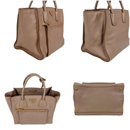 Prada 2WAY Tote Shoulder Bag Vittero Dino Leather Triangle Logo Pink Beige