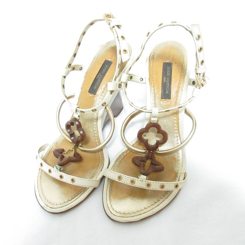 Louis Vuitton Leather Monogram Flower Strap Wedge Sole Sandals Small Size 34