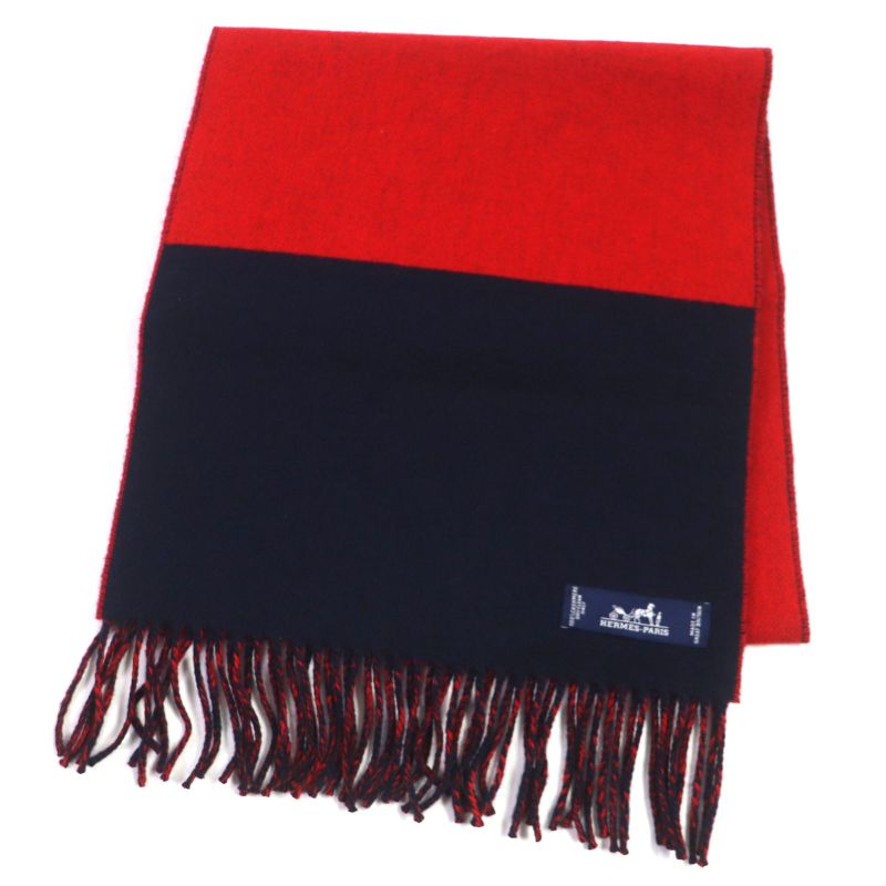 Hermes H258091s 100% Cashmere Marine/rouge Casaque Echarpe Fringe Scarf Made