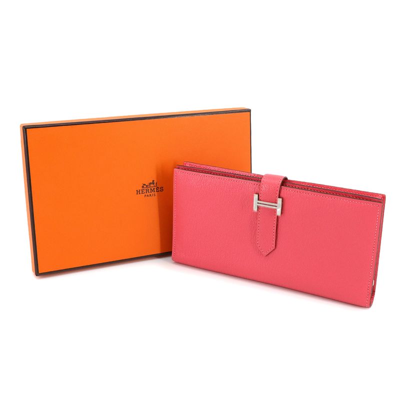 Exhibited Hermes Bearn Souffle Fold Long Wallet Chevre Rose Azalea Engraved A