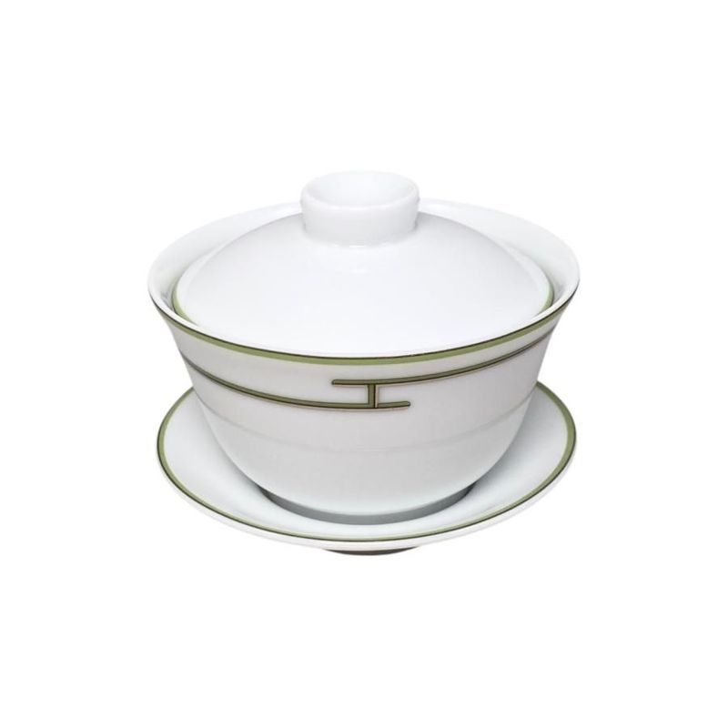 Hermes Teacup Rhythm Asian Teacup and Saucer with Lid H Logo Green White Hermes