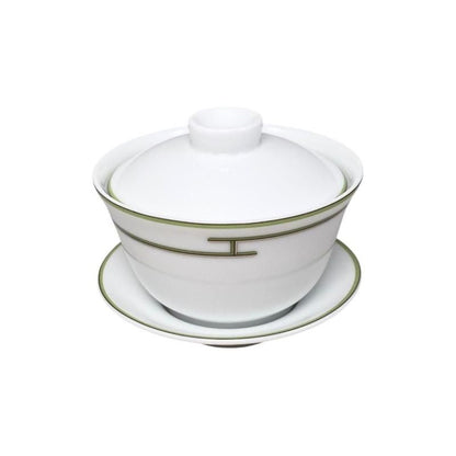 Hermes Teacup Rhythm Asian Teacup and Saucer with Lid H Logo Green White Hermes