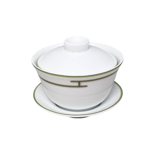 Hermes Teacup Rhythm Asian Teacup and Saucer with Lid H Logo Green White Hermes