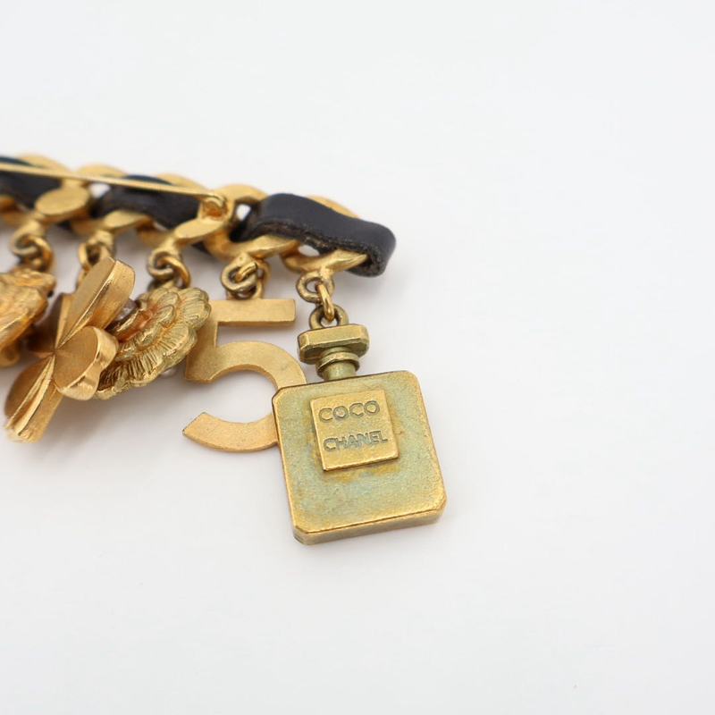 Chanel Vintage Matelasse Coco Mark 8 Charm Chain Brooch Gold Black Plated