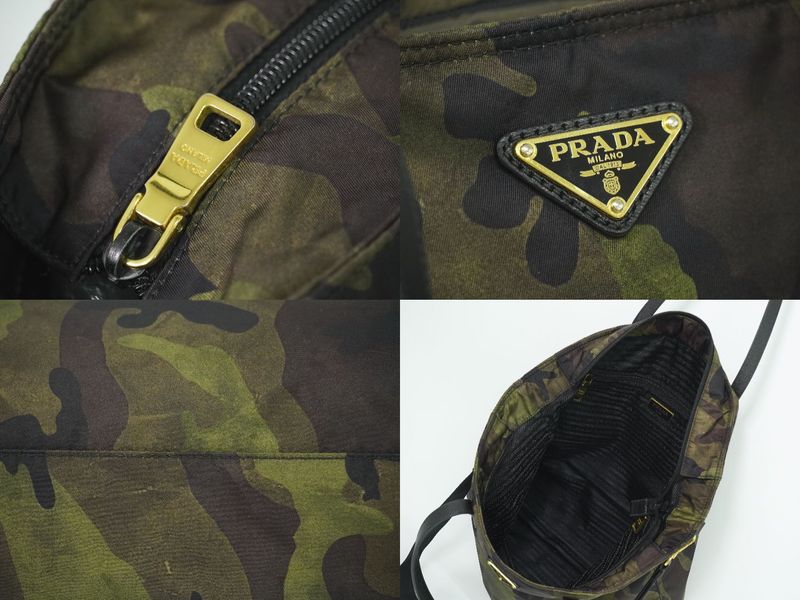 Authentic Prada Camouflage Pattern 2WAY Shoulder Bag Handbag Nylon Khaki Black