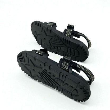 Christian Dior Sandals Shoes Lambskin Black Logo Rhinestone Velcro Strap Sports