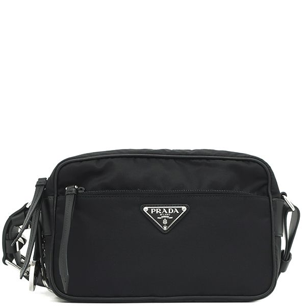 Prada Shoulder Bag Studded Nylon Leather Black Silver Hardware Black Triangle