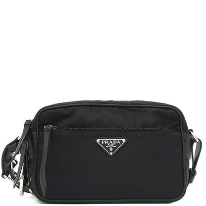 Prada Shoulder Bag Studded Nylon Leather Black Silver Hardware Black Triangle