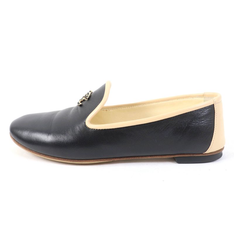 CHANEL 17G G31630 Flat Leather Shoes With Coco Mark Black Beige 34.5 With Box
