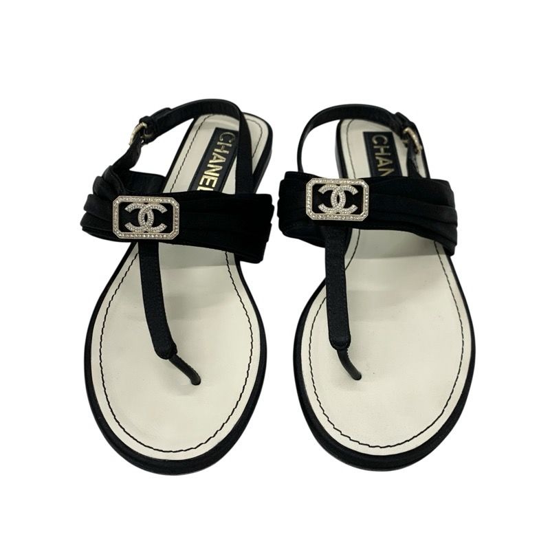 Chanel Sandals Shoes Satin Black Gold Here Mark Rhinestone Thong Flat