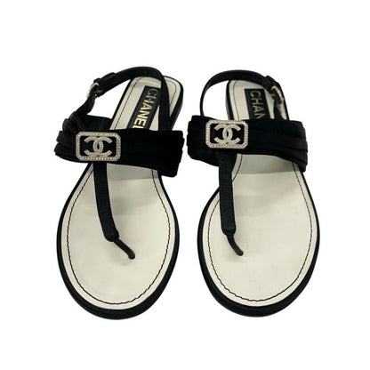 Chanel Sandals Shoes Satin Black Gold Here Mark Rhinestone Thong Flat