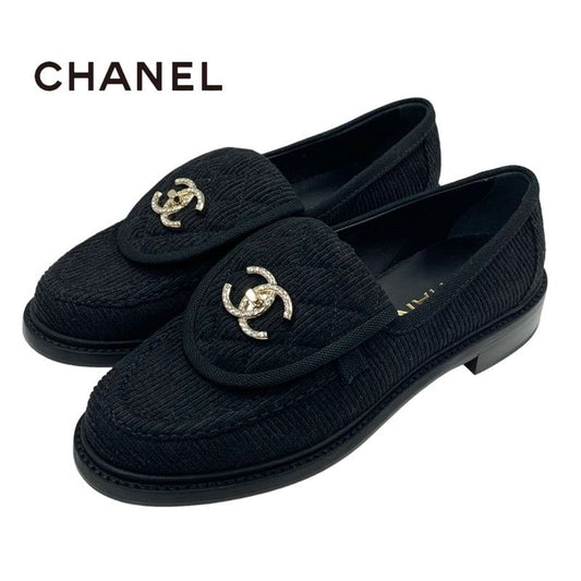 Chanel Loafer Leather Shoes Corduroy Black Gold Turn Lock Here Mark Rhinestone