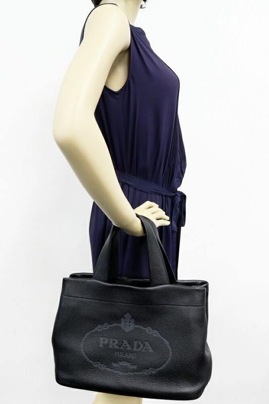 Prada Hand Tote Bag Vitello Dino Soft Calf Nero In Black Gold Hardware 1bg384