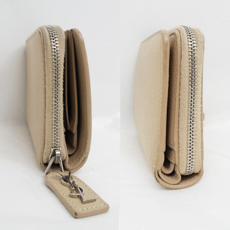 Saint Laurent Bifold Long Wallet Beige Compact Wallet Leather 414661