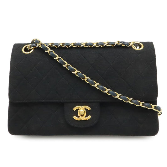 Chanel Quilted CC Logo Chain Shoulder Bag Cotton Jersey Leather Black Gold