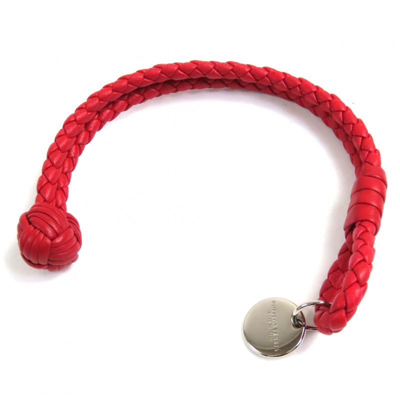 Bottega Veneta Intrecciato Leather Bracelet With Logo Charm Red Silver Hardware