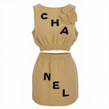 Chanel Runway Logo Crop Top Skirt 40 Beige