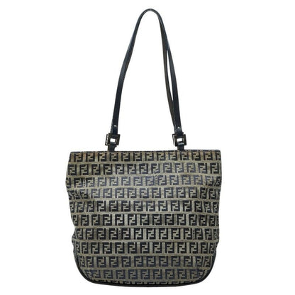 Fendi Zucchino Tote Shoulder Bag Navy Gray Canvas Leather