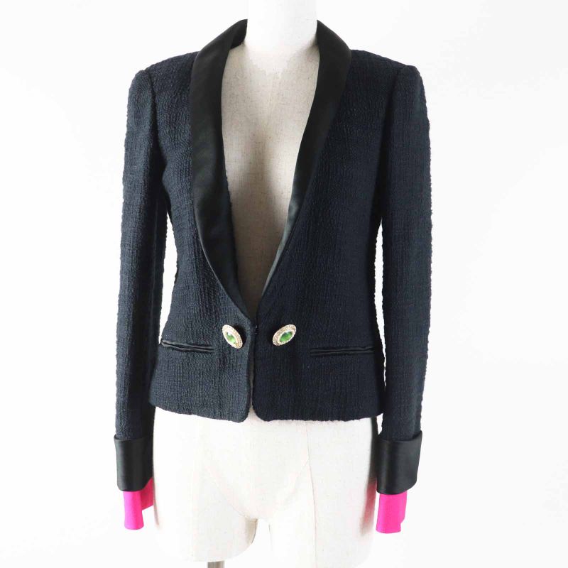 CHANEL 12A P43994 Silk Gripore Button Shawl Collar Single Color Tweed Jacket