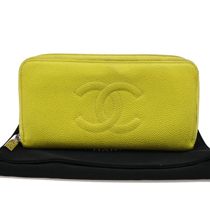 Chanel Long Wallet Round Zipper CC Caviar Skin Yellow 37ka813