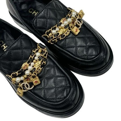 Chanel Loafer Leather Shoes Leather Black Gold Here Mark Chain Matelasse Pearl