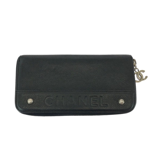 Chanel CC Logo Black Silver Caviar Leather Long Wallet Round Fastener