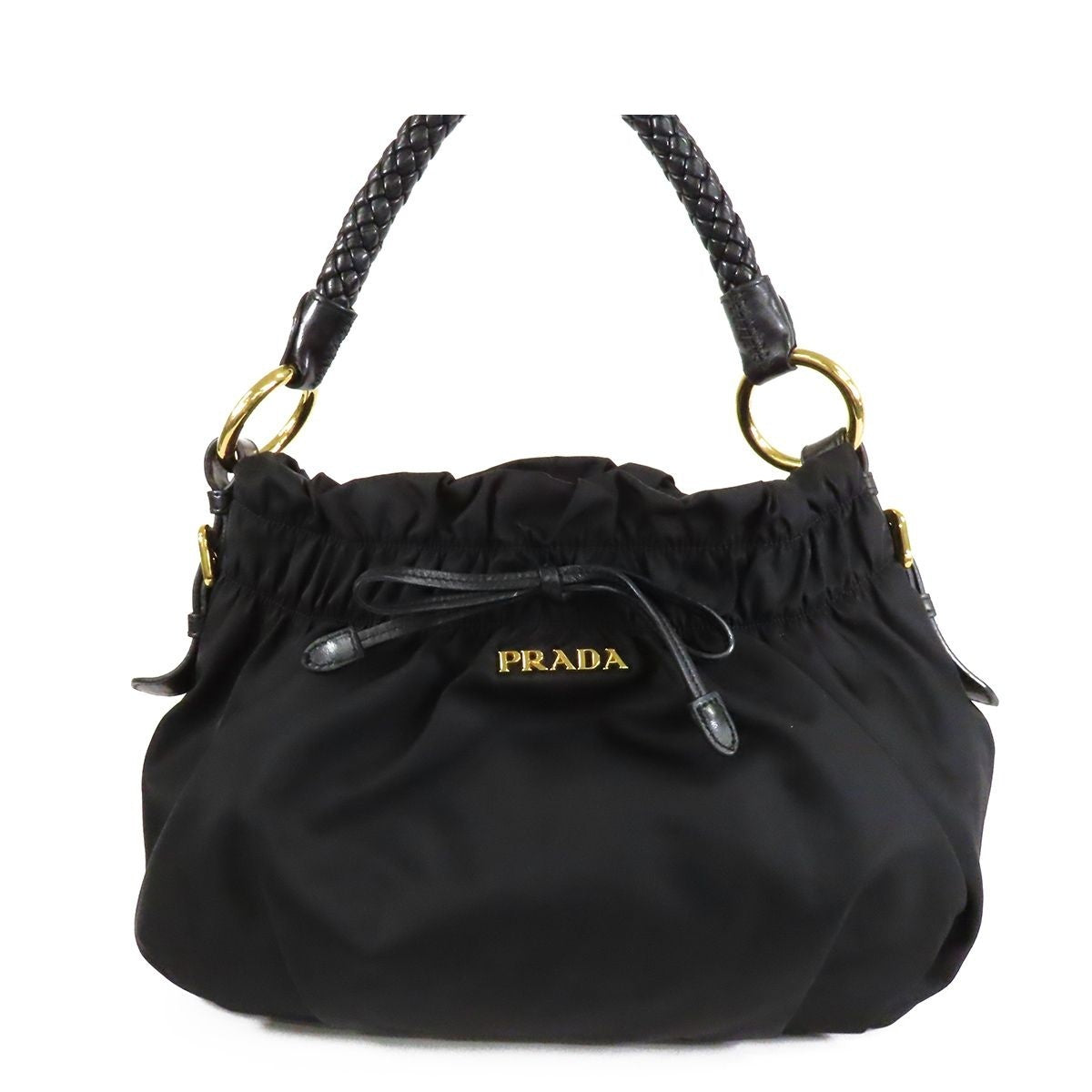 Prada Shoulder Bag Black Tessuto Leather Ribbon