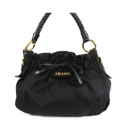 Prada Shoulder Bag Black Tessuto Leather Ribbon
