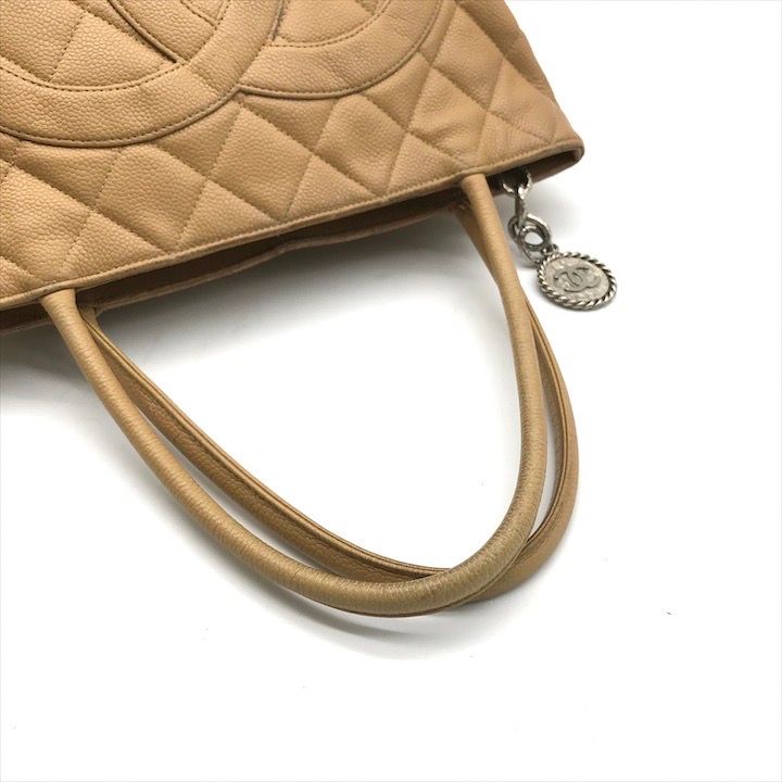 Chanel CC Logo Quilted Caviar Leather Tote Medallion Beige Silver